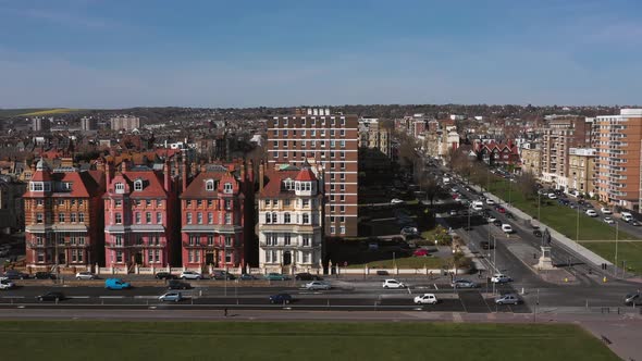 Drone shot of Brighton and Hove cityscape in East Sussex, England, UK