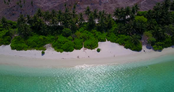 Wide angle overhead travel shot of a white sand paradise beach and aqua turquoise water background