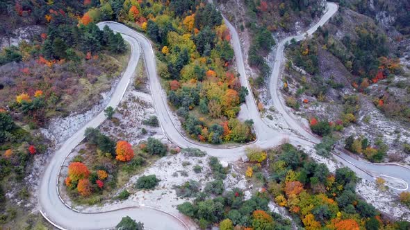 Aerial view of mountains and colorful trees