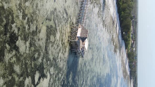 Vertical Video House on Stilts in the Ocean on the Coast of Zanzibar Tanzania Aerial View