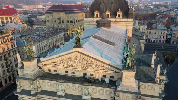 Aerial View of Lviv Opera and Balet Theatre in Lviv Old City Center. Ukraine, Europe