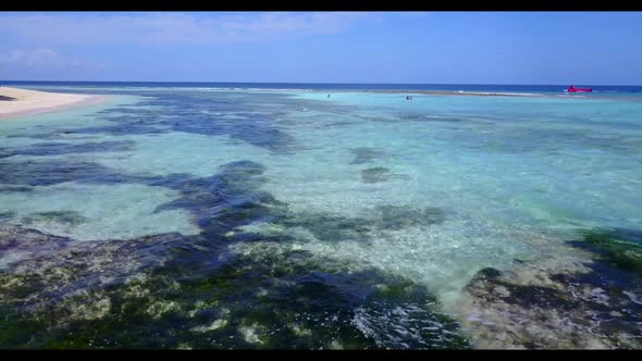 Aerial travel of exotic bay beach break by blue lagoon and white sand background of journey near sur