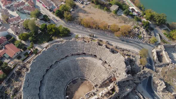 Top Aerial View of Ancient Roman Architecture Ruins in Side Turkey