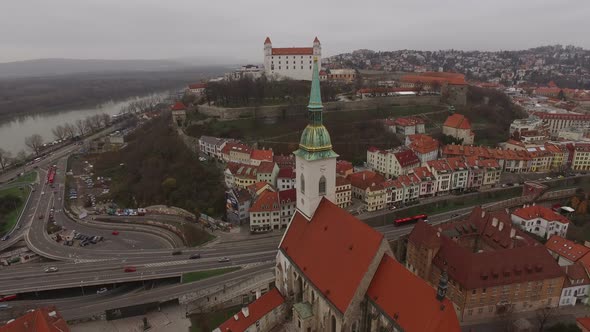 Aerial view a cathedral and a castle