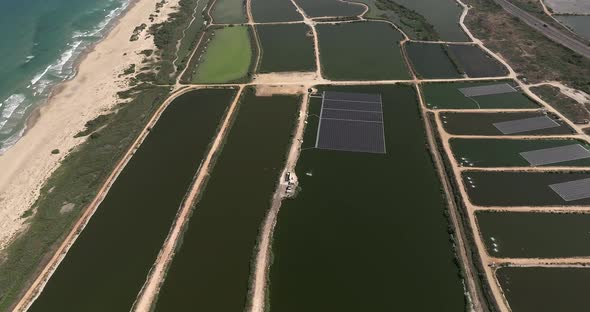 Aerial view of vast Fish farm pools.