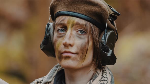 Armed Female Soldier Portrait Caucasian Woman in Her 20s Looking to the Camera and Smiling Army