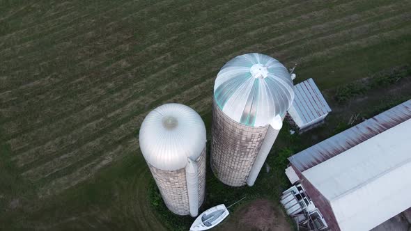 Aerial view of grain silos on farm in Lake Leelanau Michigan