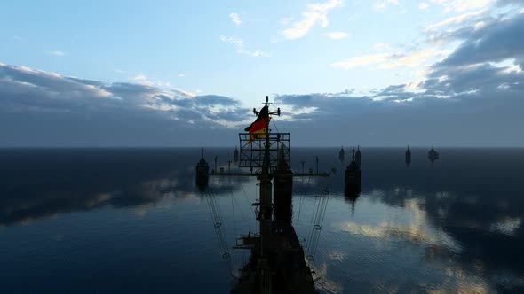 German Warship Facing Enemy Warships