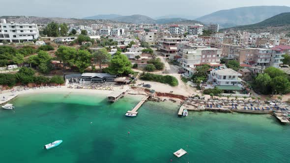 Aerial View Exotic Beach with Turquoise Water in Albania Ksamil Islands