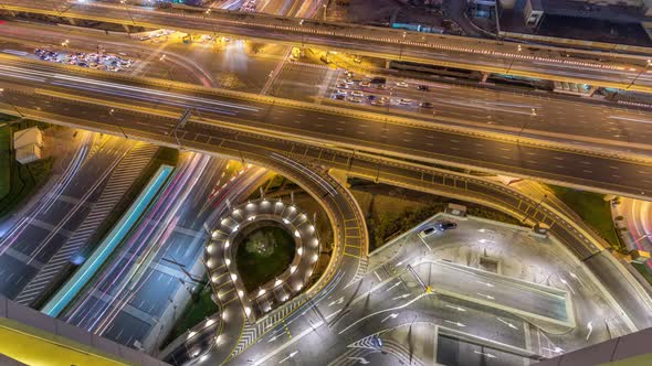 Aerial View of Highway Interchange in Dubai Downtown Night Timelapse