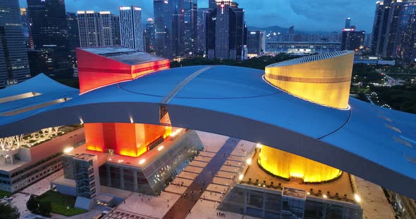 Aerial footage of night cityscape in shenzhen city, China