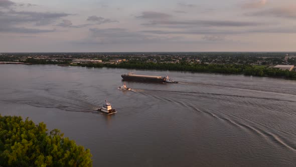 Aerial view of a busy Mississippi River in New Orleans