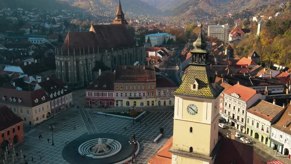 Aerial drone view of The Council Square in Brasov, Romania. Old city centre with The Black Church an