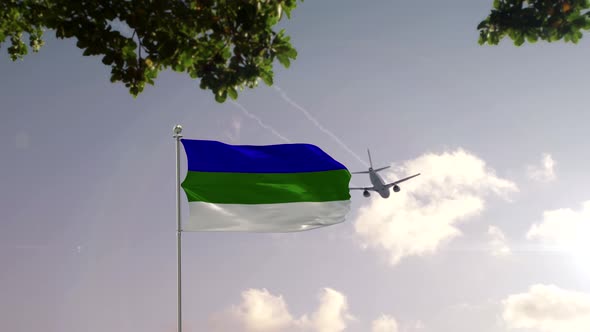 Komi Flag With Airplane And City -3D rendering
