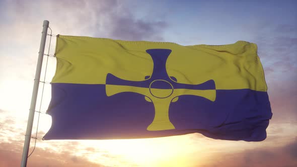 County Durham flag, England, waving in the wind, sky and sun background