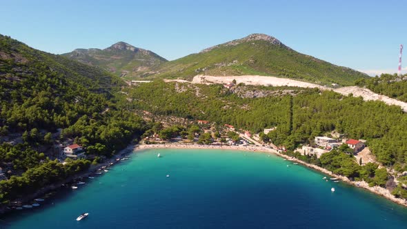 Aerial Of Beach Prapratno Surrounded By Forest Mountains On Peljesac Peninsula In Southern Dalmatia,