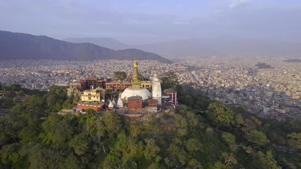 Aerial view circling around Swayambhunath Stupa