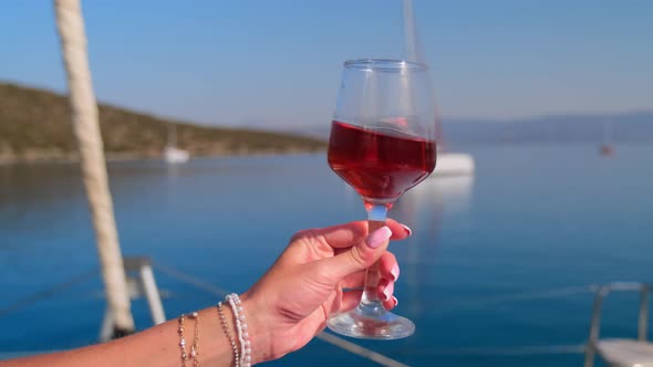 Female Hand Holding Glass of Wine on Sea Background