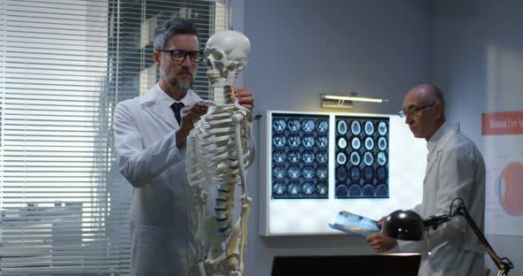 Doctors Analyzing x Ray on Skeleton