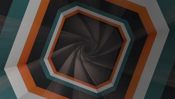 Flying through geometric hypnotic tunnel with black, brown, orange stripes