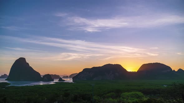 Samet Nangshe viewpoint over Phnag-nga Bay panorama scenic during sunrise - Time Lapse