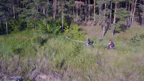 Men Riding Bicycle In Nature. Young male men in sportswear riding bicycle near forest