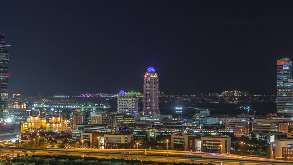 Dubai Media City Skyscrapers and Golf Course Night Timelapse Dubai United Arab Emirates