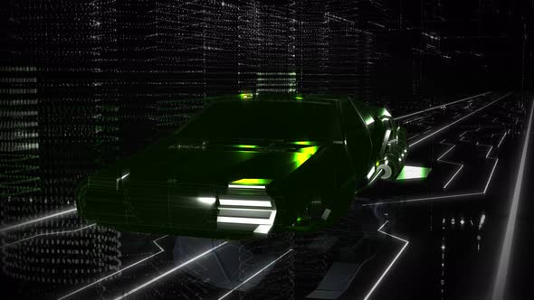 Green Digital Car is driving through the Virtual World in the Augmented Reality alt