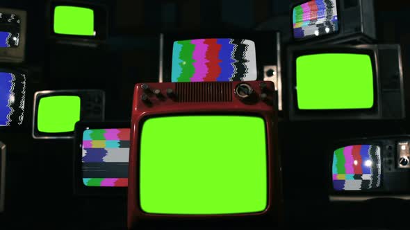 Many Retro TVs turning on Color Bars and Green Screens. Dark Tone.