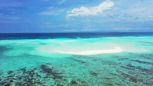 Aerial drone view travel of tropical coastline beach time by blue lagoon and white sandy background 