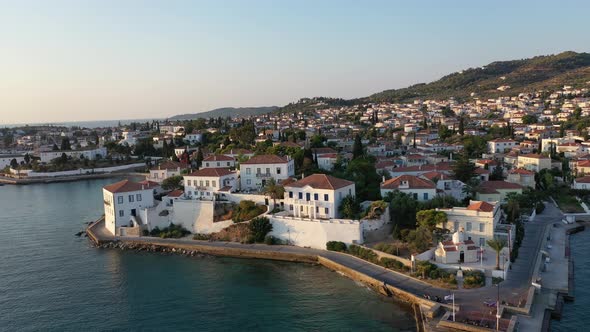 Aerial View of Spetses Old Town and Marina or Seaport Greece  Drone Videography