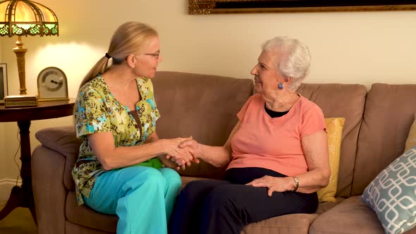 Home healthcare greets elderly woman in her living room.