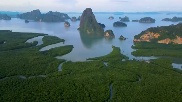 Sametnangshe View of Mountains in Phangnga Bay with Mangrove Forest in Andaman Sea Thailand