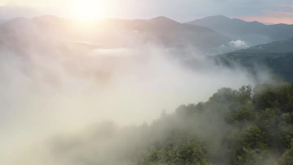 Heavy Fog Sunrise Over Mountain Forest Aerial