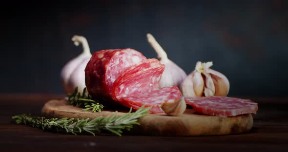 Slices Salami with Garlic and Rosemary Will Slowly Rotate 