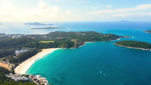 Aerial view. white sand beach top view of the beautiful sea with waves at sunny day summer holiday