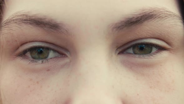 Close up of Woman’s Face, Girl with Beautiful green Eyes. Natural Beauty with Freckles.