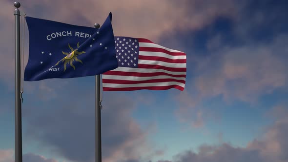 Key West City Flag Waving Along With The National Flag Of The USA - 4K