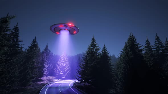 Alien flying saucer hovering over a coniferous forest during  the night. 4KHD