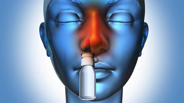 Decongestant Nasal Spray   Woman  Front View  Blue Background