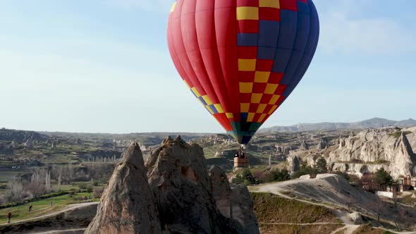 Colourful Red Blue Yellow Colours Hot Air Baloons Aerial Drone Flight. The Great Tourist Attraction