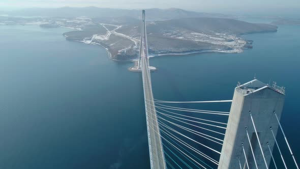 Aerial Over the Russky Road Bridge Pillars