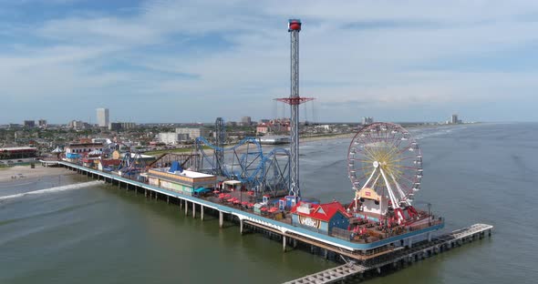 Aerial view of Pier off the coastal area of Galveston Island Texas