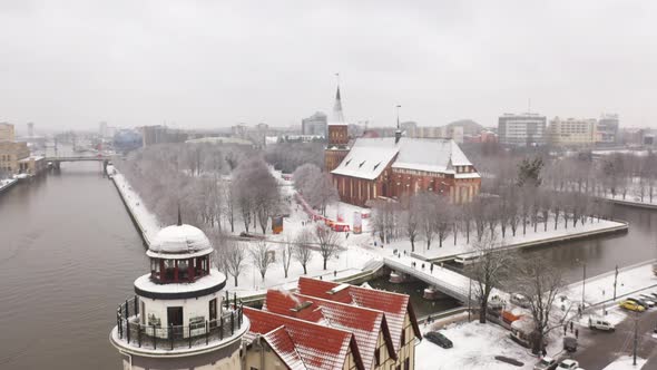 Aerial view of the Cathedral in Kaliningrad in the wintertime