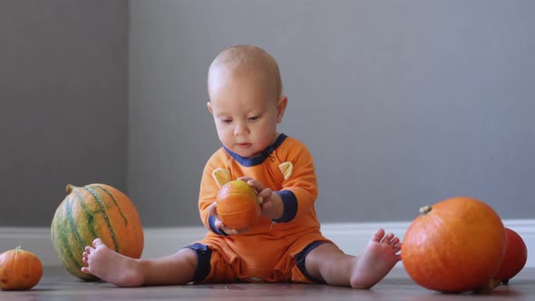 Beautiful Baby Playing with Halloween Pumpkins in the Living Room at Home