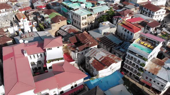 Aerial View of Stone Town Zanzibar City Slum Roofs and Poor Streets Africa