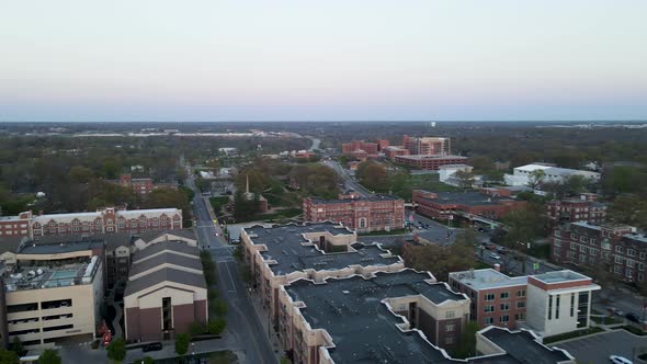 American Midwest Urban Streets of Downtown Columbia City, Missouri - Aerial