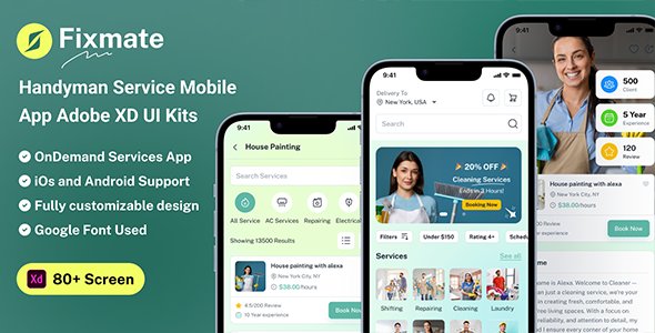 Fixmate – Handyman Service Mobile App Adobe XD UI Kits