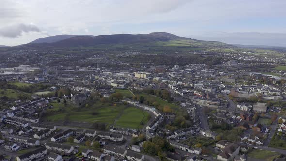 Aerial flyover of Newry city in Northern Ireland