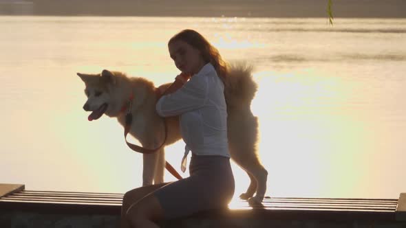 Young woman walking her cute Akita Inu dog in park on sunny day. Lovely pet